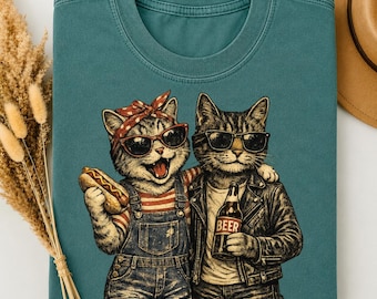 Vintage Cat Couple Shirt, Funny Cat T Shirt, Hot Dog Beer Cats Tee, Retro Cat Lover Gift, Cool Cat Shirt, Animal Lover Gift