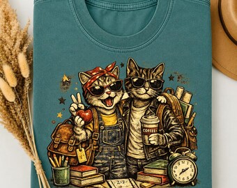 Back to School Cat Shirt, Funny Cat Couple T Shirt, Cute School Cats Tee, Cat Lover Gift, Student Shirt, Book Lover Gift