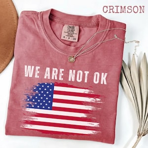 Può includere: T-shirt color cremisi con la scritta "WE ARE NOT OK" e un disegno della bandiera americana invecchiata. La maglietta ha girocollo e maniche corte. Una collana d'argento con un ciondolo è drappeggiata sulla maglietta.