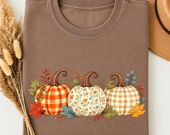 Buffalo Plaid Pumpkin Trio Fall Tee, Watercolor Pumpkin Shirt, Cozy Autumn Tee, Cute Fall Gift for Her, Pumpkin Season Shirt