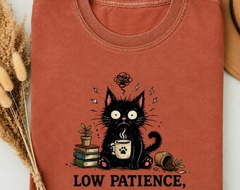 Low Patience High Standards Shirt, Funny Black Cat T Shirt, Cat Lover Gift, Introvert Shirt, Sarcastic Cat Tee, Comfort Colors 1717