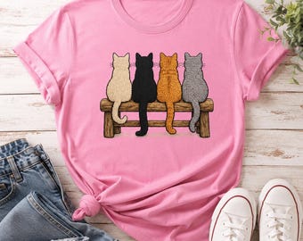 Cozy Embroidered Cats Bench Tee, Cute Cat Lover Gift, Four Cats Shirt, Textured Cat Art Tee, Cat Mom Shirt, Cute Kitten Lover Gift