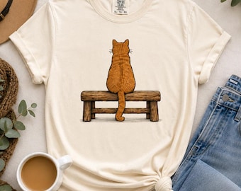Cat on a Bench Shirt, Cute Cat Lover Tee, Orange Tabby Cat Shirt, Funny Cat Lover Gift, Cozy Unisex T Shirt, Comfort Colors 1717