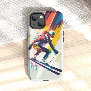 Abstract Skier iPhone Tough Case for iPhone 14 13 12 11 Pro Plus Max Mini, Beautiful Aesthetic Downhill Ski Case Art Cover