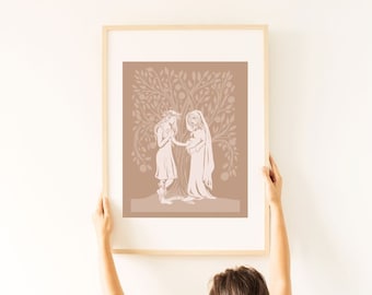 May include: A framed print with a light brown background featuring a stylized illustration of two women standing under a tree with a light brown outline. The women are wearing long dresses and have long hair. The tree is decorated with small circles that resemble fruit.