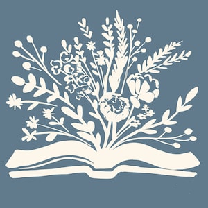 Pode incluir: Uma silhueta branca de um livro aberto com um buquê de flores crescendo a partir dele sobre um fundo azul.