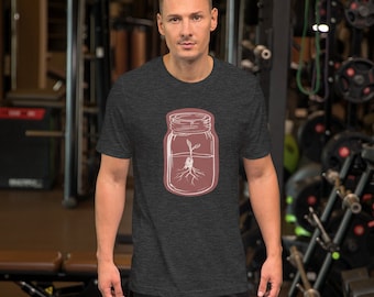 May include: A dark heather grey t-shirt with a white graphic of a plant growing in a mason jar. The jar is filled with water and the plant has roots growing out of the bottom. The graphic is in a reddish-brown color.