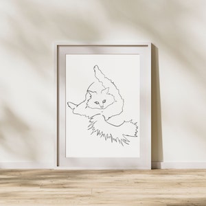 May include: A black and white line drawing of a cat curled up with its tail wrapped around its body. The cat is looking directly at the viewer. The drawing is framed in a white frame.