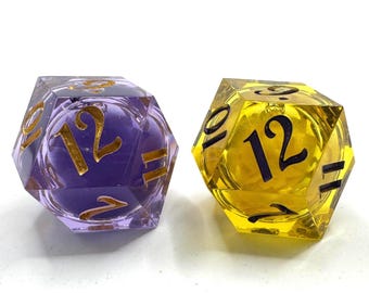 Oversized Hope and Fear Dice: Purple and Gold Liquid Core Daggerheart 2d12 Rhombic Set