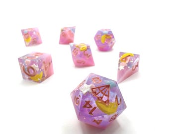 Sailor Moon Inspired Resin Dice – Lilac, Blue, Pink Clouds, Moon, Stars RPG Dice