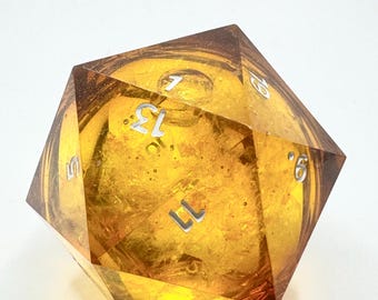 Handmade Amber Liquid Core D20 – Sharp Edge Resin Dice