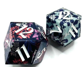 Handmade Washi Tape Dice: Night Blooms, Silver Leaf Daggerheart Oversized 2d12 Rhombic Set