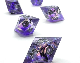 Handmade Resin Sharp Edge Dice Set – Purple, Silver, Fang d10s for RPGs