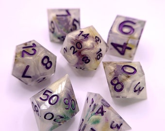 Handmade Resin Dice Set: Misty Meadow with Purple Inking