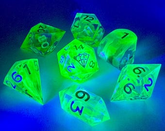 Handmade Neon Resin Dice Set: Blacklight UV Reactive, Alternative Shapes
