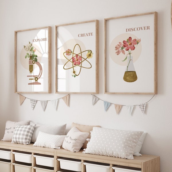 Science theme nursery decor, science and flowers nursery wall art, chemistry and flowers artwork, STEM playroom physical posters