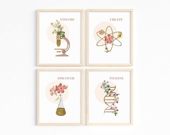May include: Set of four printable wall art prints featuring science-themed illustrations with floral accents. The prints feature a microscope, an atom, a beaker, and a DNA strand, each with a pink background and the words "Explore", "Create", "Discover", and "Imagine" respectively.