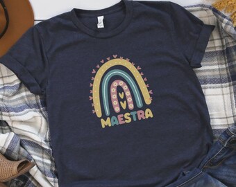 Retro Maestra T Shirt, Bilingual Teacher Shirts Rainbow, Spanish Teacher Shirt, Maestra Bilingue Shirt Retro Rainbow, Spanish Teacher Gift