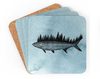 Tree Fish Cork Coaster Set, Nature Gift for Him, Father's Day Gift, Fishing Gift, Camping Gift, Retirement Gift, Husband Birthday, Dad Gift