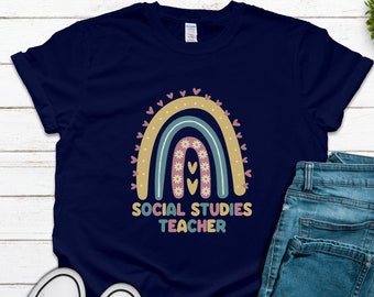 Rainbow Social Studies Teacher Shirt: Gildan Bella+Canvas Tee