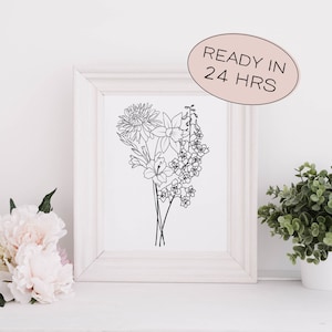 May include: A framed black and white floral line art print. The artwork features a bouquet of various flowers, including daffodils and lilies. The frame is white, and the text "READY IN 24 HRS" is on the top right corner.