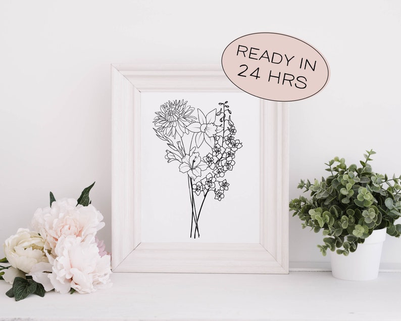 May include: A framed black and white floral line art print. The artwork features a bouquet of various flowers, including daffodils and lilies. The frame is white, and the text "READY IN 24 HRS" is on the top right corner.