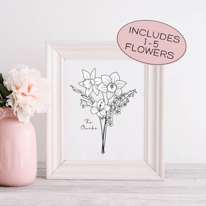 May include: A framed black and white floral line art print featuring daffodils, lilies, and other flowers. The print includes the text "The Clarks" and a pink oval sticker that reads "INCLUDES 1-5 FLOWERS". A pink vase with a peony is on the left.