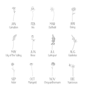 May include: A black and white illustration of twelve different flowers, each representing a month of the year. The months are labeled with their corresponding flower names: Carnation, Iris, Daffodil, Daisy, Lily of the Valley, Rose, Larkspur, Gladiolus, Aster, Marigold, Chrysanthemum, and Narcissus.