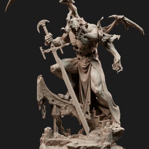 May include: A detailed, gray, sculpted figure of a demon with wings, holding a sword, standing on a ruined base.