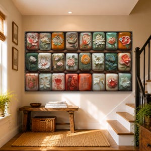 Può includere: Un'opera d'arte murale rettangolare caratterizzata da una griglia di ventuno piastrelle individuali, ognuna delle quali mostra un rilievo floreale tridimensionale unico in vari colori tra cui arancione, verde, bianco e rosso, disposte su tre file.