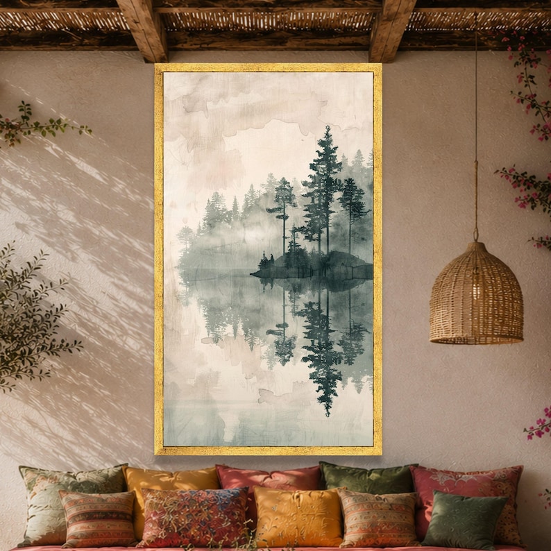 Misty Forest Reflection Canvas Print, Pine Tree Silhouette Wall Art ...