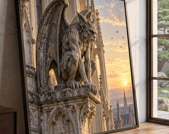 May include: A framed wall art print featuring a stone gargoyle perched on a gothic cathedral ledge. The scene depicts the weathered gray statue against a golden sunrise sky with a distant city skyline and small birds flying in the background.