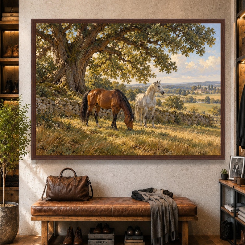 Tranquil Pasture Scene With Horses, Oak Tree Canvas Wall Art, Rustic ...