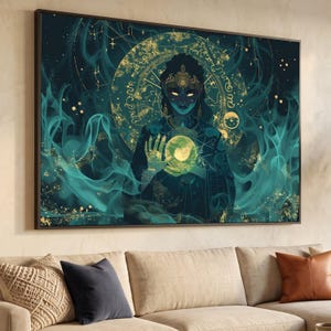 Mystic Sorceress with Glowing Orb Canvas, Astrology Wall Art, Celestial Magic Design, Spiritual Home Decoration, Zodiac Canvas Print