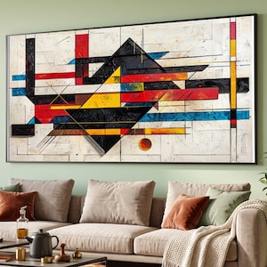 May include: A large rectangular wall art piece featuring a geometric abstract composition. The design includes bold black, red, yellow, and blue shapes layered over a textured off-white background with thin black lines and a small orange circle.