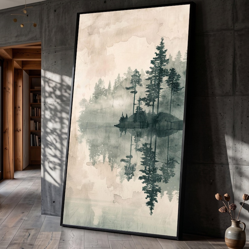 Misty Forest Reflection Canvas Print, Pine Tree Silhouette Wall Art ...