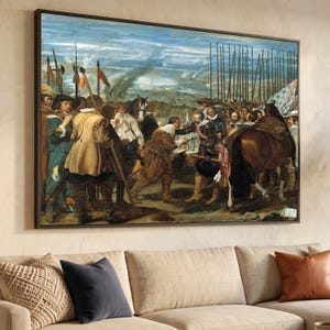 Puede incluir: Una impresión de arte mural rectangular enmarcada que representa una escena histórica con numerosas figuras con ropa de época, incluidos soldados con picas, un caballo marrón y una interacción central entre dos hombres, sobre un fondo de paisaje.