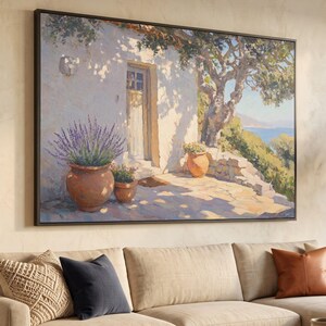 Mediterranean Villa Entrance, Olive Tree and Clay Pots Canvas, Sunny Patio Wall Art, Coastal Landscape Canvas, Rustic Outdoor Home Decor