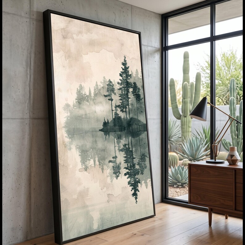 Misty Forest Reflection Canvas Print, Pine Tree Silhouette Wall Art ...