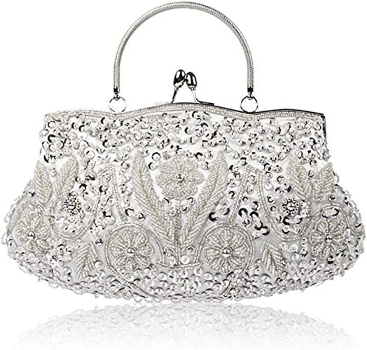 Women Clutch Wedding Purse, Rhinestone Crystal Beaded Evening Bags, Sequin  Cocktail Party Bridal Prom Vintage Handbag for Lady Girl, Silver