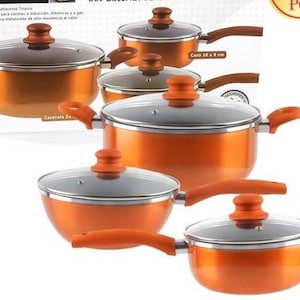 Orange Cookware Set Pots Pans Set Nonstick Aluminium 6 Piece 