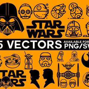 May include: An orange background features black vector illustrations of Star Wars characters and symbols. The text "STAR WARS" appears multiple times, along with "25 VECTORS" and "AVAILABLE FORMATS PNG/SVG".