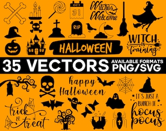 Halloween Vector Pack, Ghost Design, Halloween Vector, Witch Silhouette, Skeleton Vector, Scary Halloween Cricut Silhouette Files