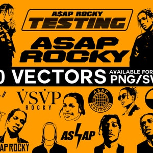 Puede incluir: Gráfico naranja con ilustraciones vectoriales negras de ASAP Rocky, el texto "ASAP ROCKY TESTING" y "20 VECTORS AVAILABLE FORMATS PNG/SVG".