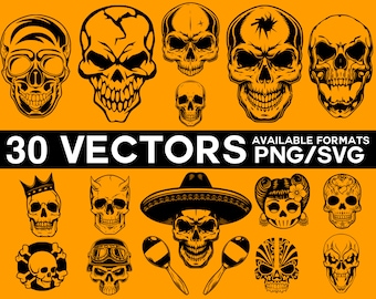 Skull Vector Pack, Skull Clipart, Skull Head SVG, Skull Vector Bundle, Skull Stencil Cut File Silhouette Cricut Vinyl Files Diy