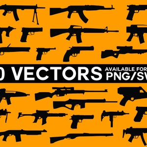 May include: A collection of 40 black vector illustrations of various firearms, including pistols, rifles, and machine guns, set against an orange background. The text "40 VECTORS" is displayed prominently, with "AVAILABLE FORMATS PNG/SVG" below.