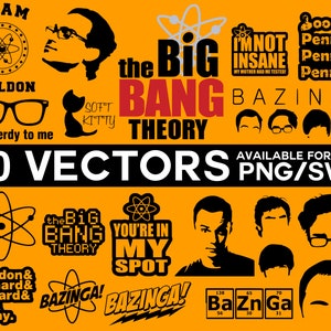 May include: A set of 20 vector graphics on an orange background, featuring quotes and imagery from the TV show "The Big Bang Theory." Includes images of Sheldon, glasses, the atom symbol, and the word "BAZINGA!" Available in PNG and SVG formats.
