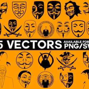 May include: A collection of 25 black vector illustrations on an orange background. The designs include Guy Fawkes masks, silhouettes, and symbols. Text reads "25 VECTORS" and "AVAILABLE FORMATS PNG/SVG".
