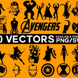 May include: An orange graphic featuring black silhouettes of Avengers characters and logos. The word "AVENGERS" is prominently displayed, along with "30 VECTORS" and "AVAILABLE FORMATS PNG/SVG".