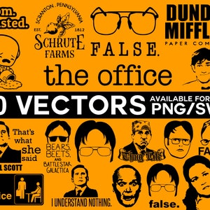 Puede incluir: Gráfico naranja con ilustraciones vectoriales en blanco y negro y texto de la serie de televisión "The Office". Incluye retratos de personajes, citas y el logotipo de Dunder Mifflin. También están presentes las palabras "20 Vectores" y "PNG/SVG".